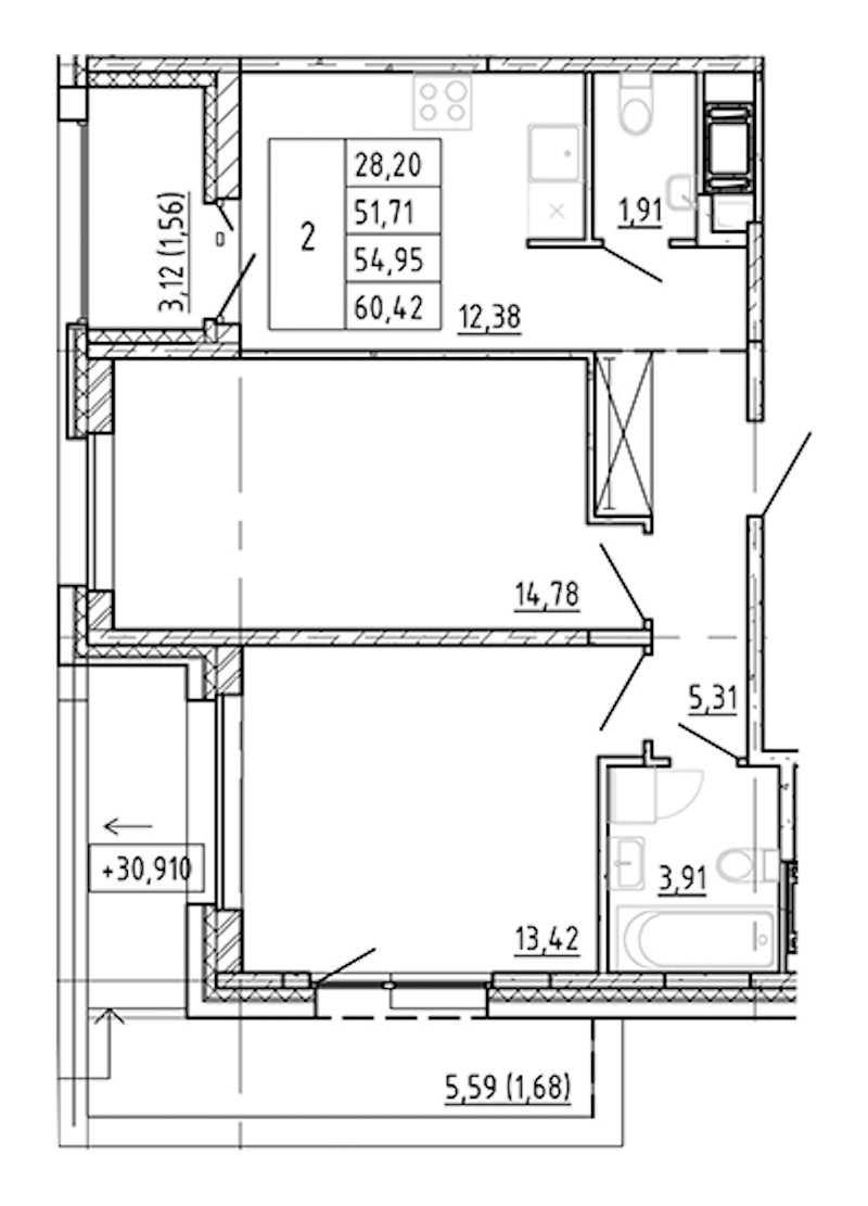2-комнатная квартира 51.71 м², 12/12 эт., ЖК «Полис Новоселье»